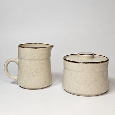 Vintage Speckle Stoneware Japan Creamer Milk Pitcher & Sugar Bowl Lid Creston
