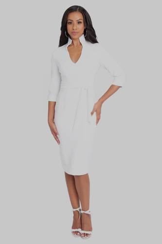 Black Halo Madeline Porcelain tie belt dress 3/4 sleeve High Collar V-Neck NWT - Picture 2 of 9
