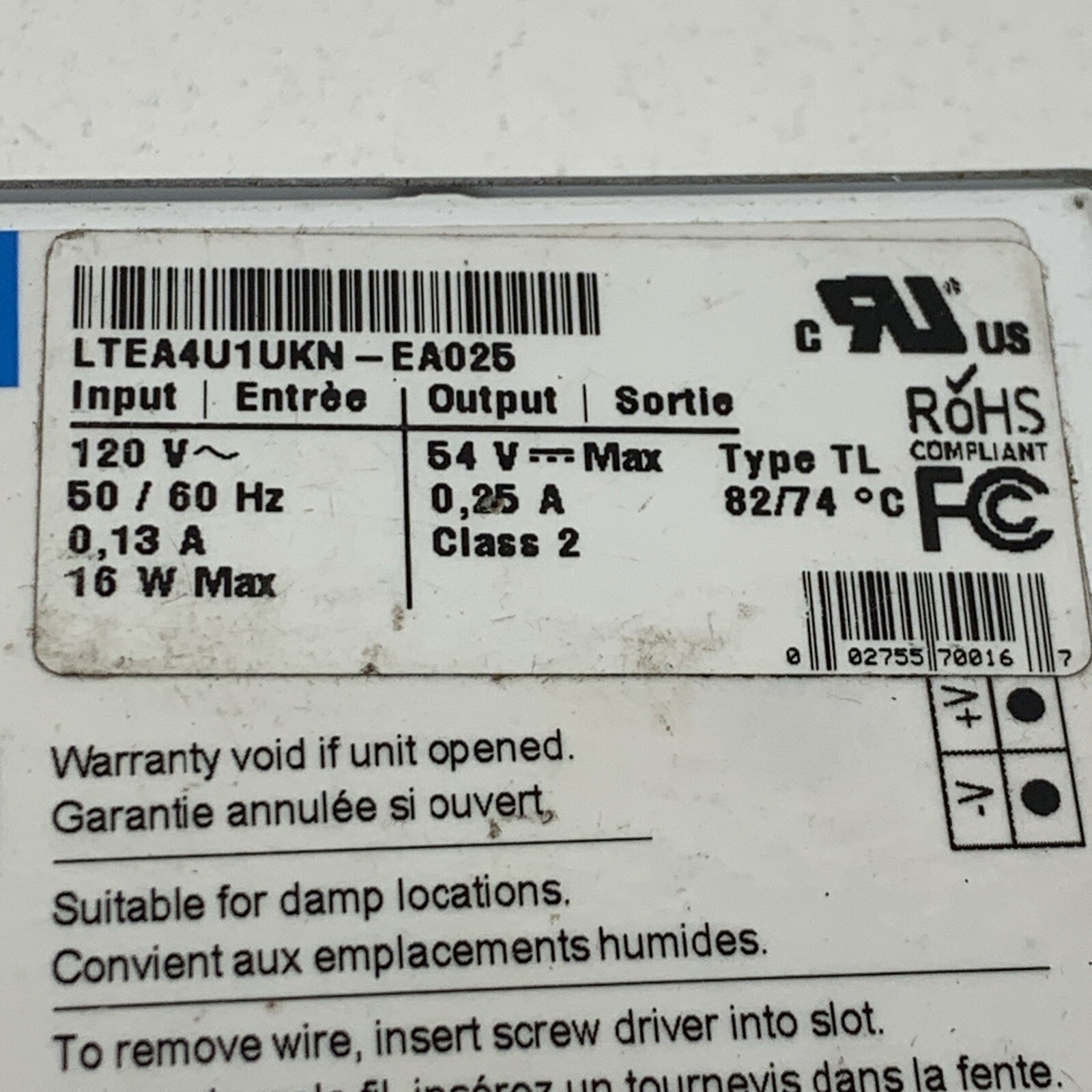 Lutron LTEA4U1UKN-EA025 Hi-Lume 1% 2-Wire Dimming LED Driver 16W 54VDC ...