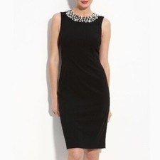 Classic Calvin Klein Size 8 Black Faux Pearl Trim Neckline Sheath Dress Formal
