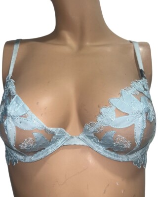 Victoria s Secret  Unlined Plunge  Bra Embroidered Blue Size 32C New