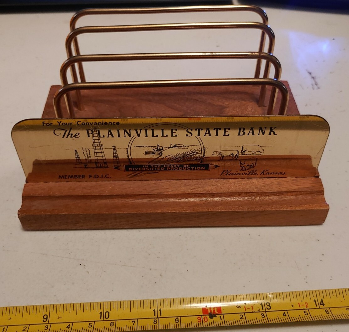 Vintage Plainville State Bank Kansas Advertising Metal Wood Desk Mail