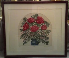 VINTAGE ETCHING COLOR ENGRAVING RED ROSES PENCIL SIGNED NUMBERED
