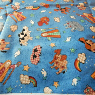 1.5 YARD 1995 Blue Noah's Ark Fabric Traditions Dove Cow Pig Giraffe Lamb Camel