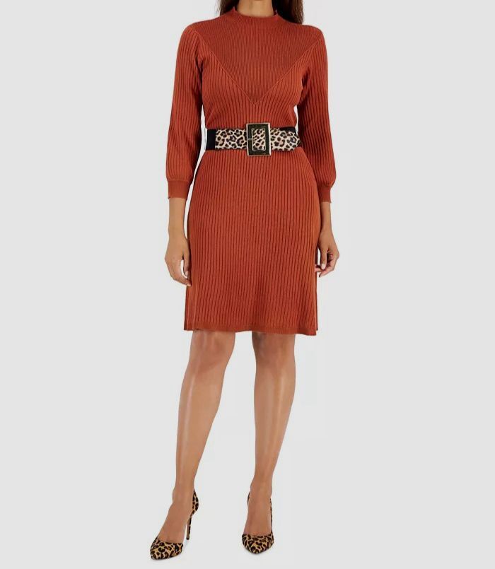 Robbie Bee Womens Brown Mock-Neck Belted Ribbed Sweater Dress Petite Size  PS | eBay