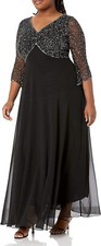 J Kara Women's 3/4 Sleeve V-Neck Beaded Top Long Gown, Black/Gun/Mercury, Sz 12