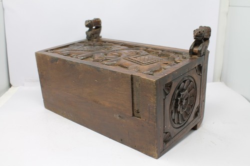Antique Old Wooden Elephant Fighting Carved Storage Multi Purpose Use Box NH6805 - Picture 12 of 12