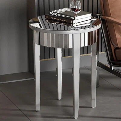 UNHO Luxury Silver Glass Round Coffee Table Mirrored Side Table Living Room Furniture