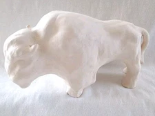 Handmade Bison Buffalo Pottery Sculpture Figurine Primitive White Cream Unglazed