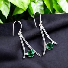 925 Sterling Silver Natural GREEN EMERALD Hook Drop Dangle May Earrings Jewelry