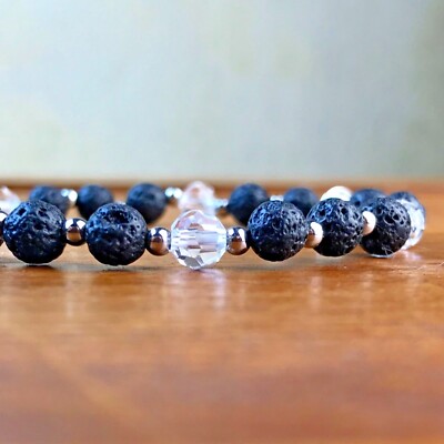 Bracelet Perles De Lave Naturelles Et Cristal D'Autriche - Métal Acier Inoxydable, Neuf Avec étiquettes