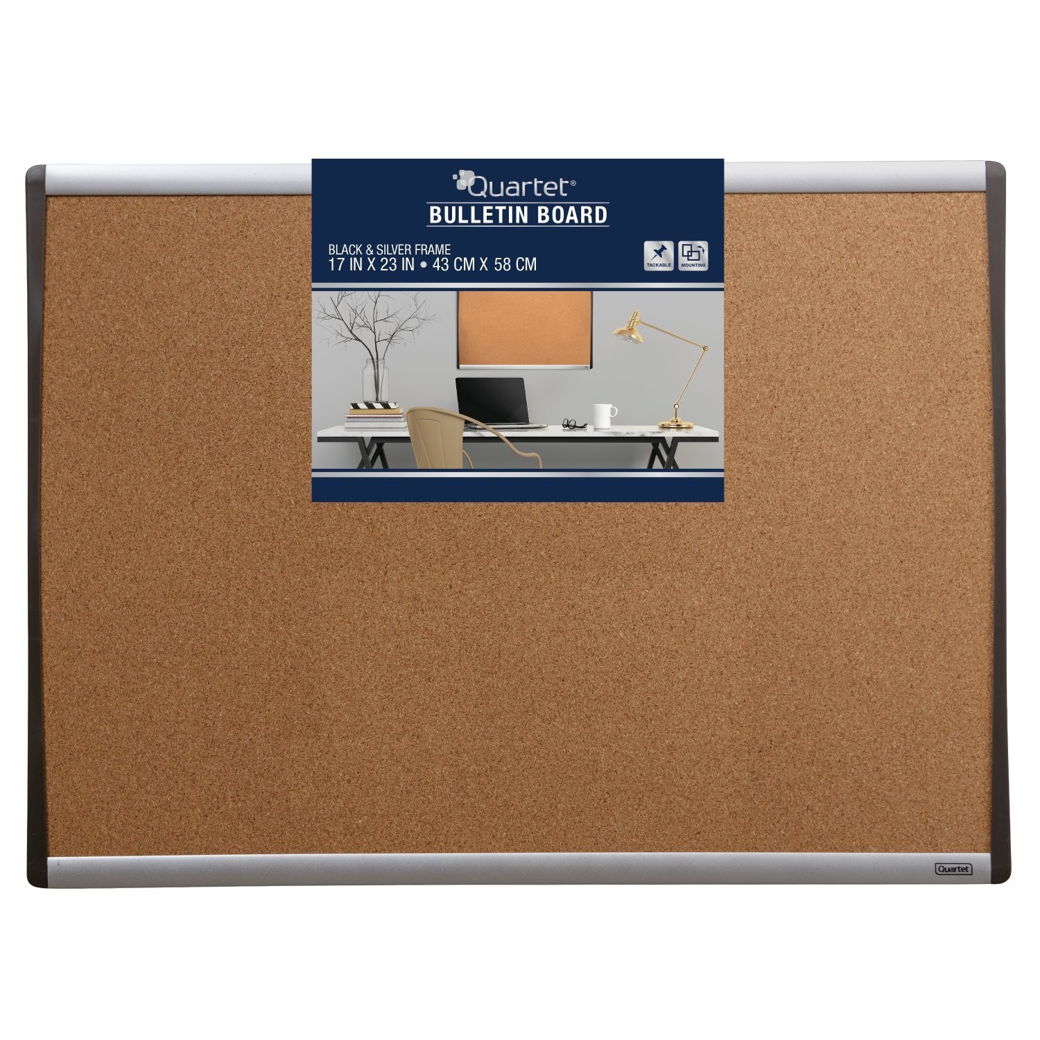 Cork Board, 17" x 23" Bulletin Board, Corkboard, Black/Silver Frame (79373)