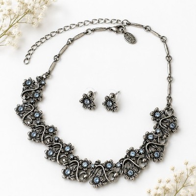 Vintage Park Lane Floral Necklace Earrings Blue Rhinestone Silver Tone Signed
