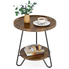  Round Side Table, 2-Tier End Table with Metal Legs, Modern Industrial 1 Brown