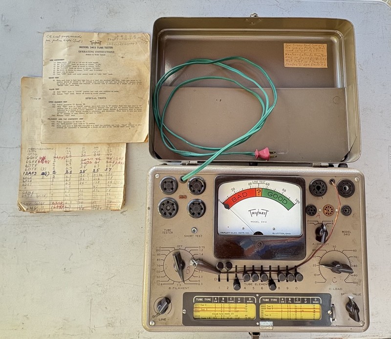 Triplett 3413-A Vacuum Tube Tester with Case and Manual Powers On but Untested