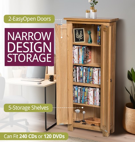 DVD Cabinet, Solid Oak Cupboard, CD Storage Cabinet Organiser with 5 Shelves - Picture 5 of 8