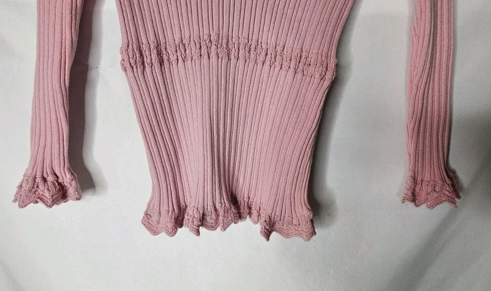 Suéter Y2K Ellemenno Rosa Acanalado Tejido Cuello en V Top Volantes Recortado Talla L Foto 3 de 4