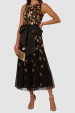 Adrianna Papell Women's Black Beaded Mesh Sleeveless Godet Gown Dress Size 6