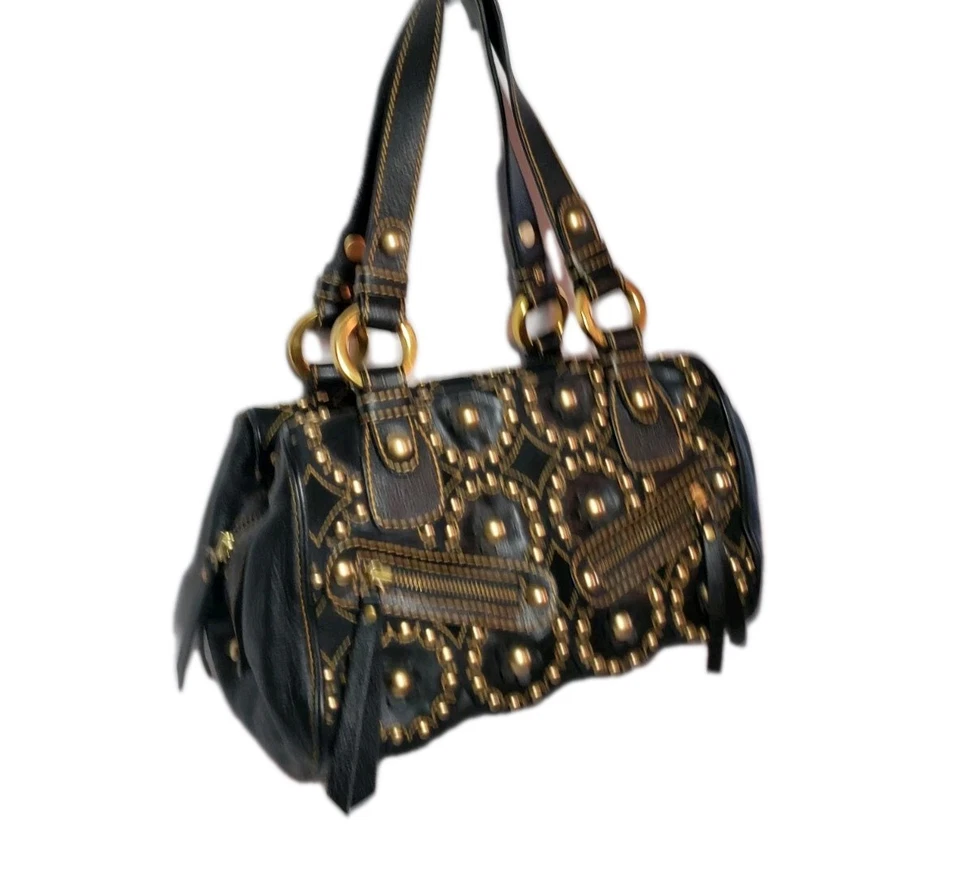 VINTAGE ISABELLA FIORE STUD MUFFIN TOTE HEAVILY STUDDED BLK FLORAL HANDBAG $795 - Image 4 of 4