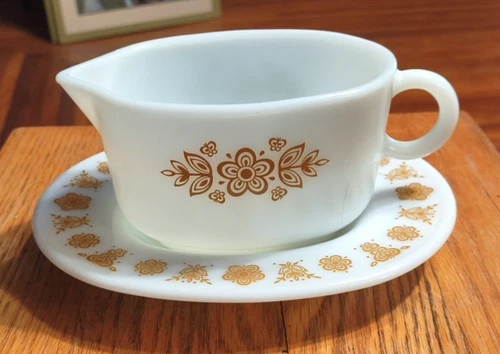 Pyrex Corelle Butterfly Gold Gravy Sauce Boat & Drip Dish Vintage 77-B & 77-U