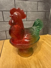 Rooster on Pedestal Green  Red Amber Glass Covered Candy Dish