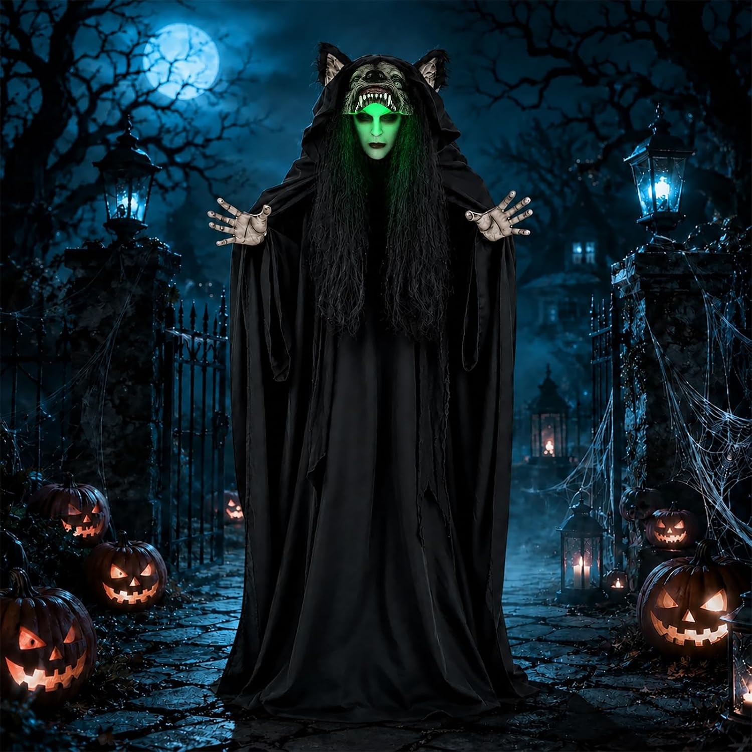 66.9" Halloween Animatronic Werewolf Face Changing Prop Sound Activated w/LED