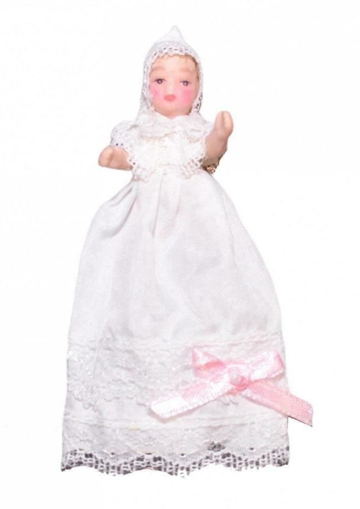Dolls House Baby in Christening Gown Miniature Victorian Porcelain People Pink