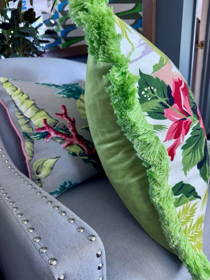 Key West Island Clipper Ship & Hibiscus Barkcloth Pillow Cover Vintage Fabric - Image 2 of 4