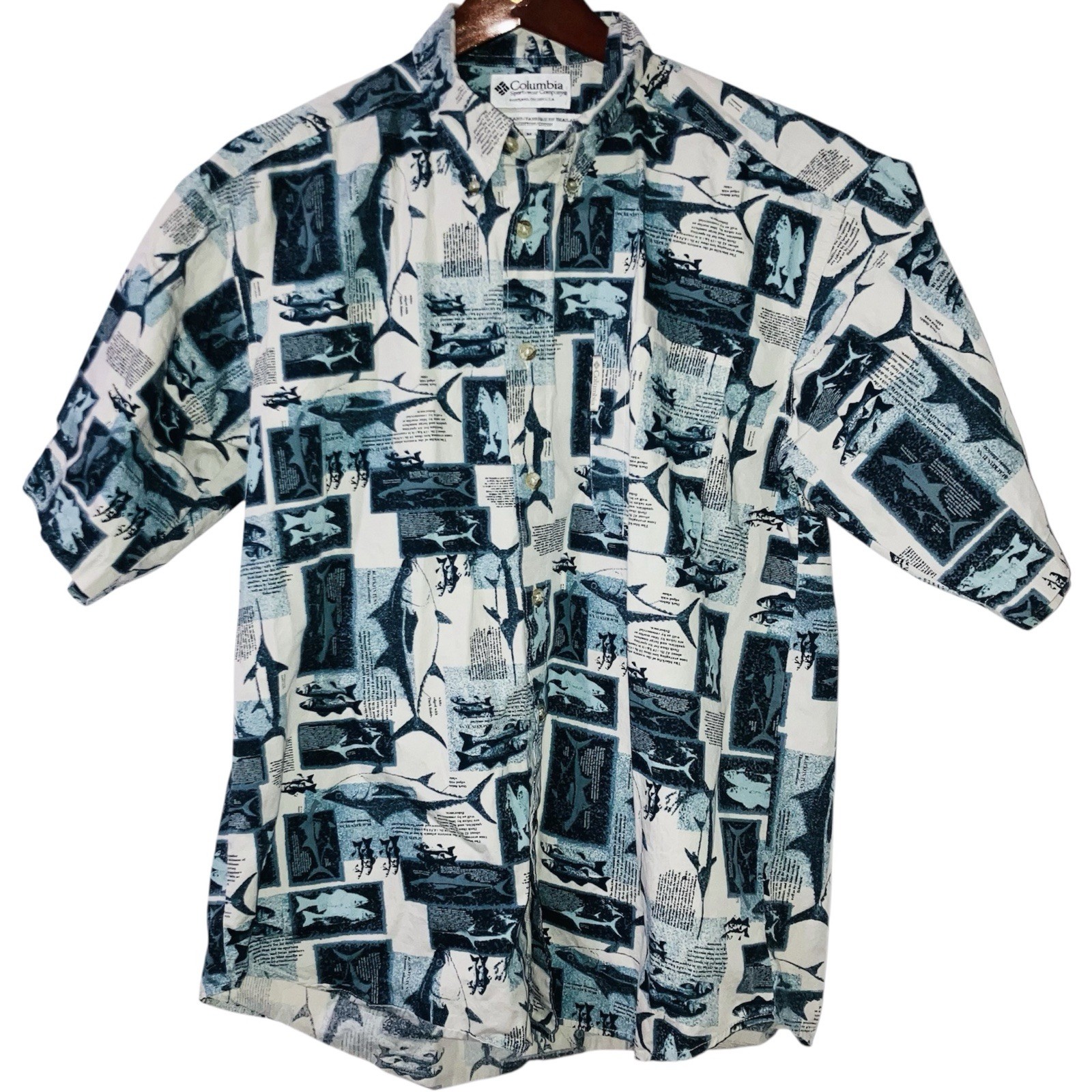 Columbia Shirt Men Blue Gray All Over Print Fish Short Sleeve Ocean Fishing M