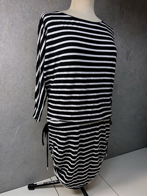 black and white striped long sleeve mini dress Striped Mock Neck Long Sleeve Mini Dress White / L