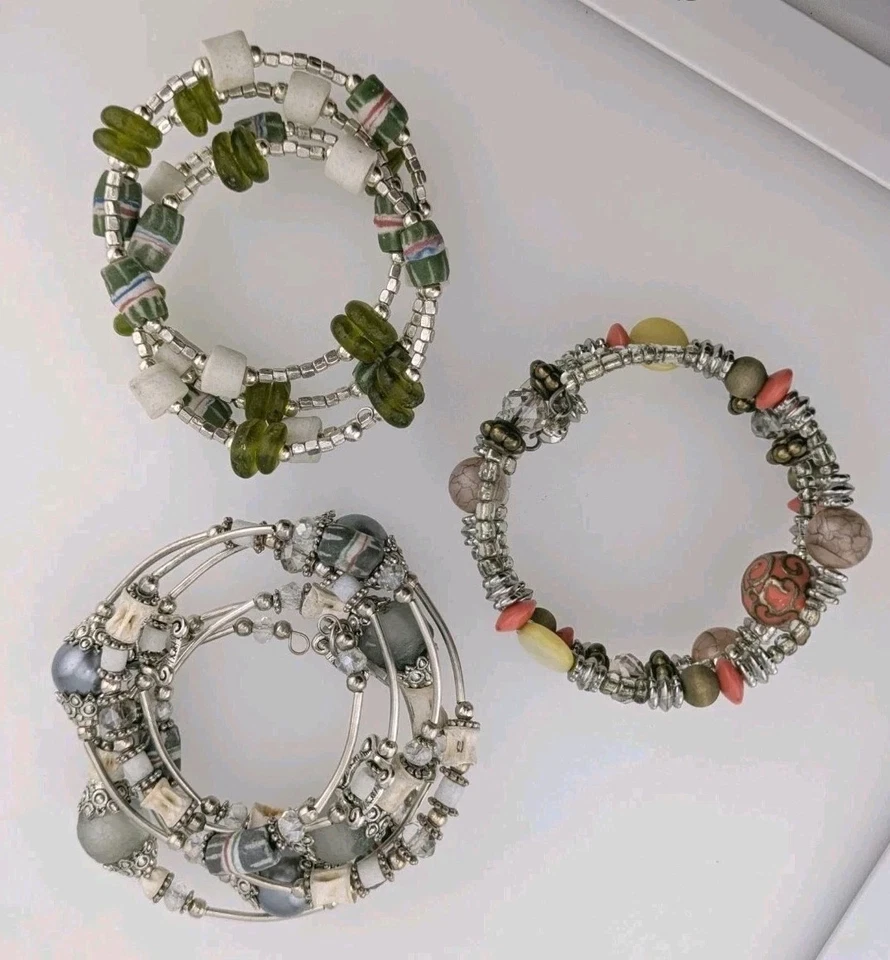Three Beaded Wrap Bracelets Wire Cuff 1" To 2" Glass Ceramic Green Silver Orange - Image 2 of 4