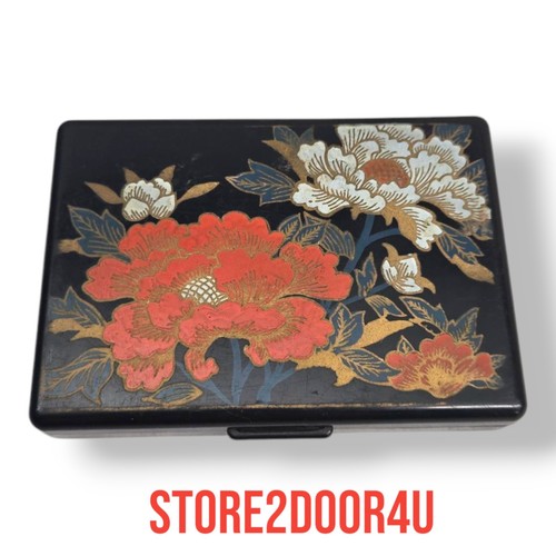Floral Black Plastic Tissue Compact Box w/ Mirror Asian Floral Flowers Vintage - Picture 1 of 7