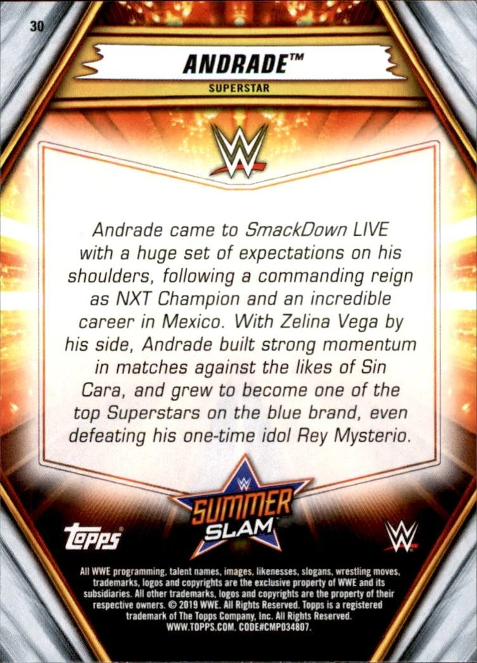 2019 Topps WWE SummerSlam #30 Andrade - Image 2 of 2