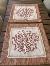 PAIR Custom Silk Euro Pillow Shams 26"x26" Striped W Fan Coral Tapestry EUC