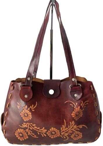 Vintage Artisan Leather Shoulder Bag Floral Emboss
