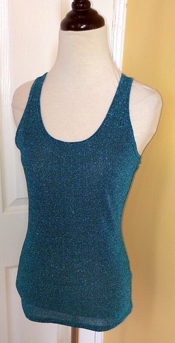 Camiseta sin mangas EXPRESS brillante metálica azul turquesa semi transparente espalda deportiva (S) NUEVA - Imagen 2 de 5