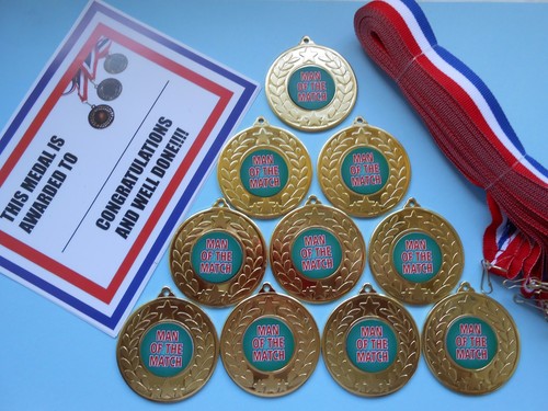 MAN OF THE MATCH MEDALS X 10 METAL/50MM /GOLD -SILVER OR BRONZE