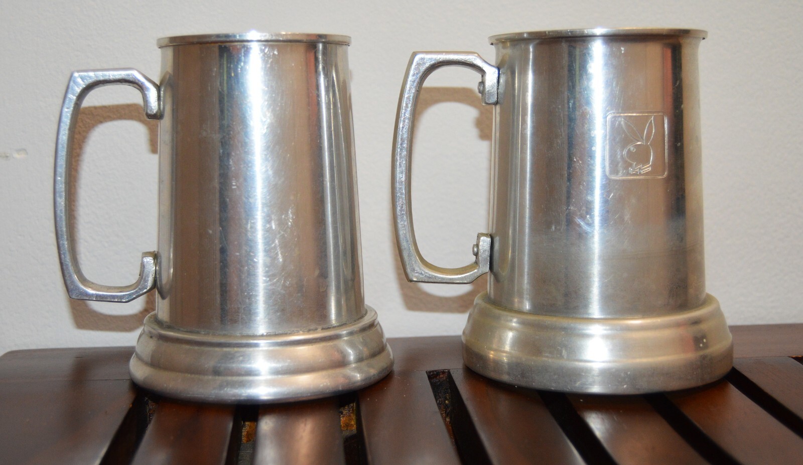 Glass Bottom Beer Stein Metal Tankard Mugs Qty 2, one with Playboy