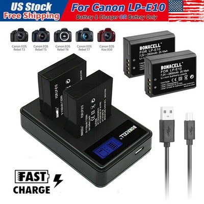 2 Pack LP-E10 Battery + Charger for Canon Rebel T3, T5, T6, T7, EOS 1200D, 1300D