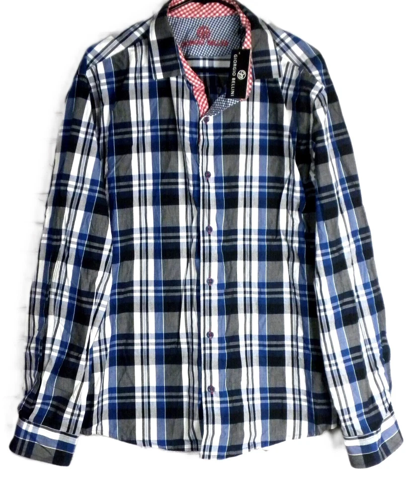 NUEVO CON ETIQUETAS ~ GIORGIO BELLINI Para hombres Negro ~ Camisa Manga Larga a Cuadros Azul y Blanco Talla 3XL Foto 3 de 4