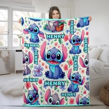 Personalized Stitch Blanket, Kid Name Blanket, Cartoon Movie Fleece Blanket