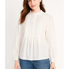 Old Navy Eyelet Blouse Ruffle Neck Long Sleeve White Top XL Tall Cotton Blend