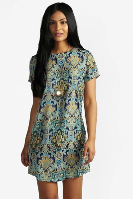 BOOHOO Paisley Print Short Sleeve Shift Dress UK10 UK