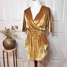 Urban Renewal Womens Yellow Mustard Velvet Faux Wrap Dress Sz S Made in USA Glam