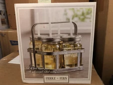 Fiddle + Fern Sipper Jar Set of 4 with Galvanized Metal Caddy - Mason Jars (New)