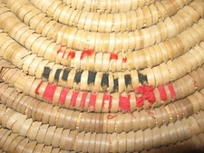 Vintage Coiled Woven Basket Bowl Tray Southwest Style Some Fabric Pieces 15 1/2”