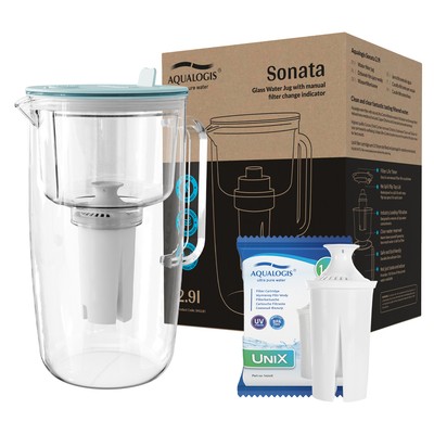Aqualogis Glas Wasserfilterkanne hellblau (2,9L) inkl. UniX Classic Filter