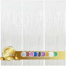 3Pcs White Metallic Tinsel Foil Fringe Curtains, 3.28ft x 6.56ft,