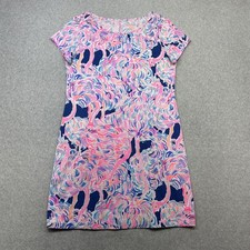 Lilly Pulitzer Dress Women Medium Blue Pink Stretch Cotton Short Sleeve Flamingo