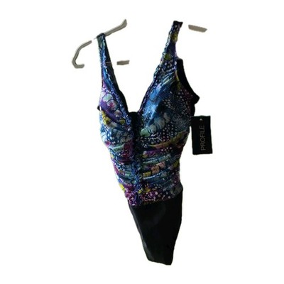Profile by Gottex Royal Peacock Ruffle One Piece Swimsuit Multi Size 12 NEW 